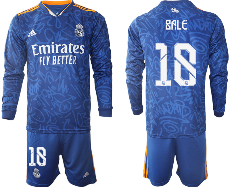 Men 2021-2022 Club Real Madrid away blue Long Sleeve #18 Soccer Jersey->real madrid jersey->Soccer Club Jersey